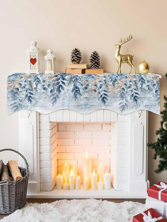 Blue Eucalyptus Fireplace Mantel Scarf Table Runner, Christmas Leaves Poinsettia Farmhouse Wooden Winter Garland Mantel Top Tablerunners Dresser Scarves Cover for Windows Party Living Room 90''x17''