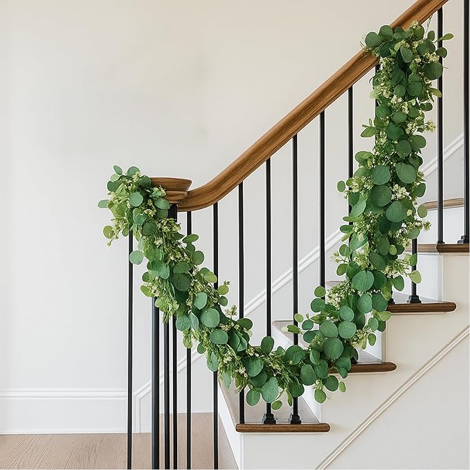 4 Pack 6.10Ft Eucalyptus Garland, Artificial Eucalyptus Flowers Leaves Table Greenery Garland Wreath Vines for Wedding Party Home Fireplace Bedroom Wall Indoor Outdoor Decoration