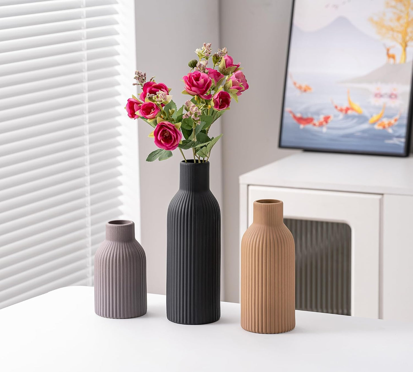 Ceramic Vase Set of 3, Modern Minimalist Ribbed Small Flower Vase Table Centerpiece Decorative for Home Decor Farmhouse Christmas Colorful