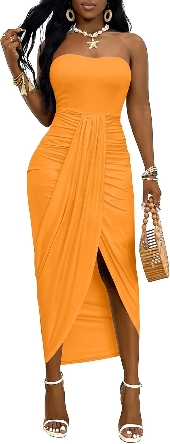 Umenlele Women's Strapless Ruched High Waist Wrap Split Asymmetrical Beach Maxi Long Dress