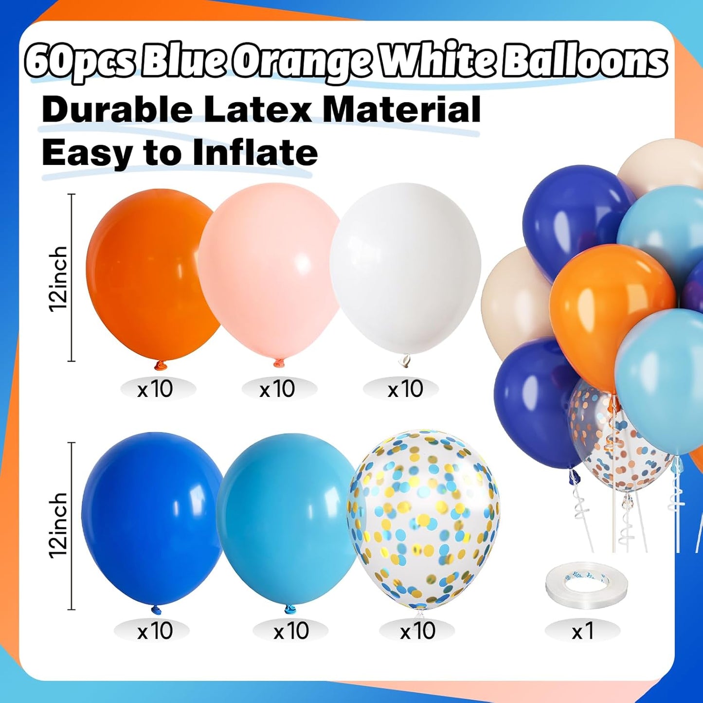 Blue and Orange Balloons 60PCS 12INCH Orange White Balloon Navy Dark Light Blue Confetti Balloon for Puppy Birthday Dog Theme Party Decorations Helium Latex Balloons for Arch