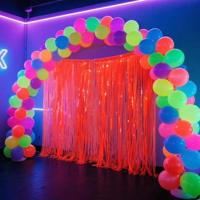 4 Packs Glow in The Dark Foil Fringe Curtain, Macaron Orange Blacklight Reactive Fluorescent Tinsel Backdrop Neon Luminous Streamers for Birthday, Wedding, Neon Party, Glow Party Decorations Supplies