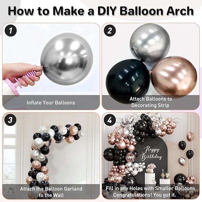 Black Gold and Silver Balloon Garland Arch Kit, 167Pcs Latex Balloons Different Sizes 18 12 10 5 inch for Graduation Birthday New Year Retirement Wedding Party Decorations