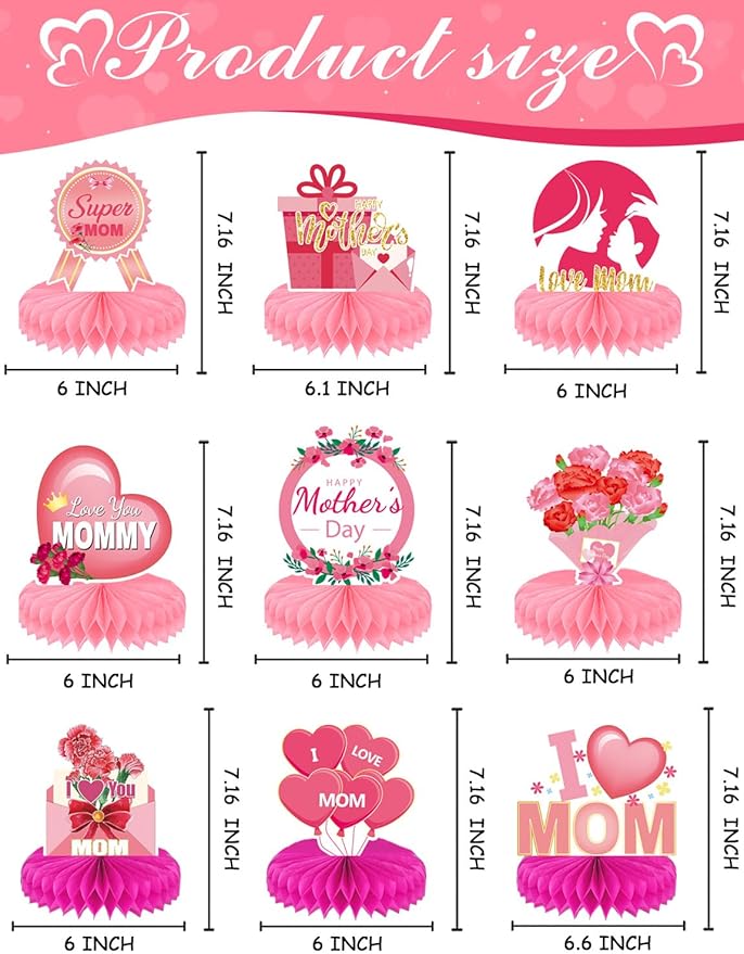 Mothers Day Table Decorations - Happy Mothers Day Centerpieces for Tables, 9Pcs Pink Super Mom Theme Honycomb Centerpieces, 3D Flowers and Heart Table Toppers, for Mother‘s Party Supplies