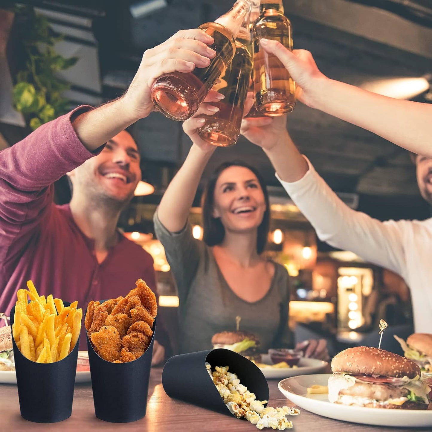 Rtteri 150 Pcs Disposable Charcuterie Cups 16 oz French Fry Cups Black Popcorn Box Kraft Paper for Halloween Party Serving Treats Dessert Snack Food
