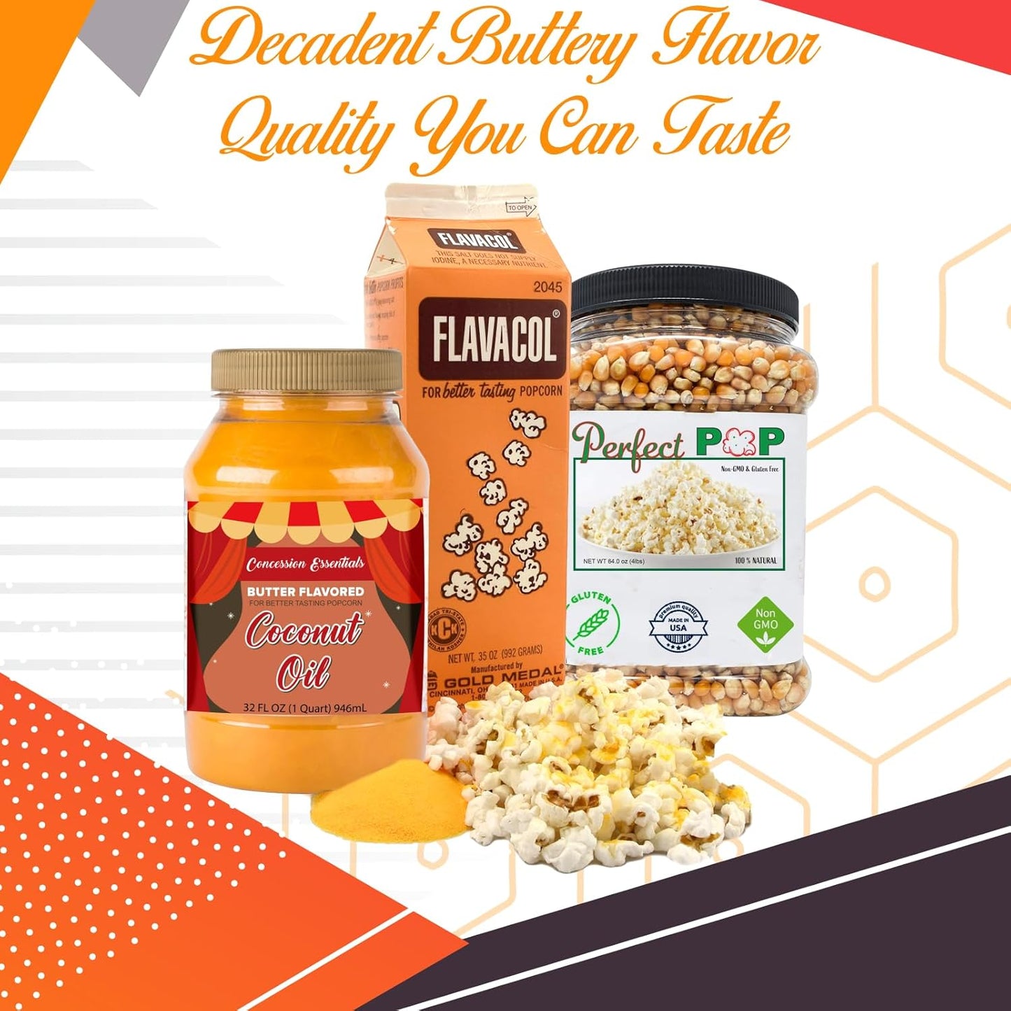 Perfectware Popcorn Kit- (Includes 35oz Popcorn Season Salt, 4lbs Yellow Kernels, and 32oz Butter Flavored Coconut Oil, Plain,PW-Popcorn Kit-3