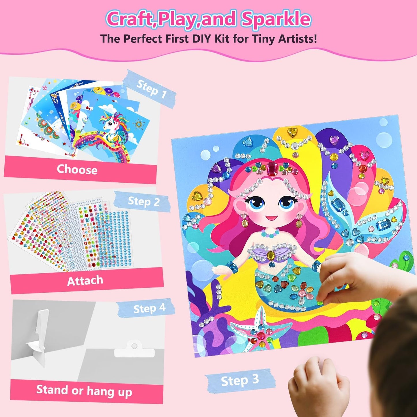 Marlrin Unicorn & Princess Diamond Art Kit for Kids Ages 3-8,Easy Arts and Crafts with 1000+ Gem Stickers,Gem Art Christmas Birthday Gift for Girls 4-7