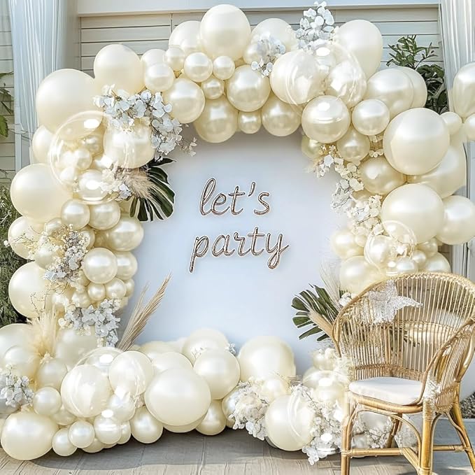 Pearl Ivory White Balloon Arch Double Stuffed Pastel White Ivory Cream Beige Balloon Garland Kit Different Sizes 12/10/5in With Clear Bobo Balloons for Birthday Wedding Bridal Baby Shower Party Decor
