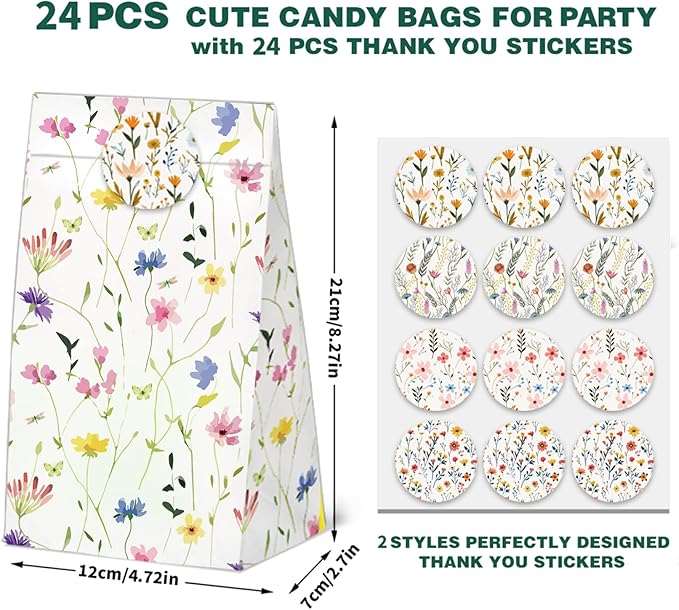 24 Pcs Wildfloral Goodie Bags with Stickers,Welcome Bags for Wedding Hotel Guests Themed Decorations Birthday Party Favor Bags,Vintage Wildfloral Party Gift Bags for Birthday Wedding Party