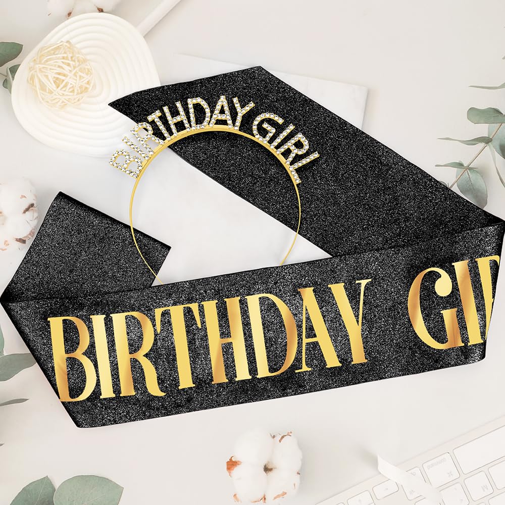 Birthday Sash Birthday Crown for Women, Birthday Girl Sash, Birthday Girl Crown, Glitter Black Birthday Sash and Crown Rhinestone Headband Set, Happy Birthday Girl Princess Tiara Sash Accessories