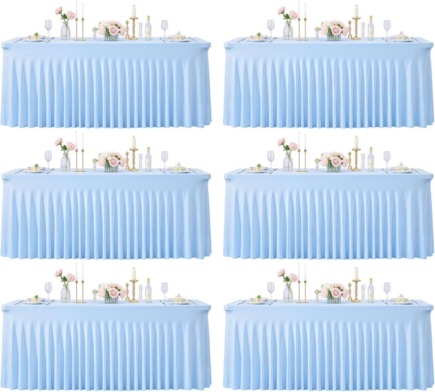 6 Pack 6ft Baby Blue Spandex Table Cloths for Rectangle Tables Wrinkle Free Rectangle Tablecloths Stretch Fitted 6 Foot Table Cover with Skirt for Baby Shower Boy Birthday Party Wedding Banquet Buffet