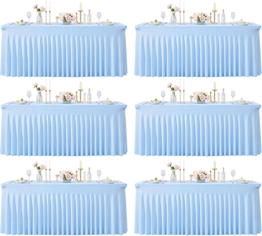 6 Pack 6ft Baby Blue Spandex Table Cloths for Rectangle Tables Wrinkle Free Rectangle Tablecloths Stretch Fitted 6 Foot Table Cover with Skirt for Baby Shower Boy Birthday Party Wedding Banquet Buffet