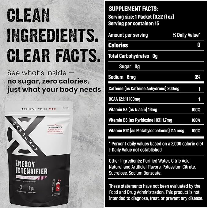 CardoMax - Energy Drink Packets - Liquid Preworkout for Men & Women Caffeine Packets with BCAA, Vitamin B12, Vitamin B6 & B3 - Sugar-Free, Zero Calorie, Vegan & Keto - 15 Stick Packs - Pink Lemonade