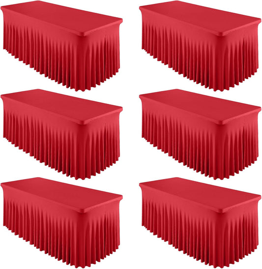 6 Packs Red Spandex Clothes for 8 Foot Rectangle Tables, Stretch Covers 8FT Skirts, Wrinkle Free Fitted Cover for Event, Wedding, Banquet & Parties