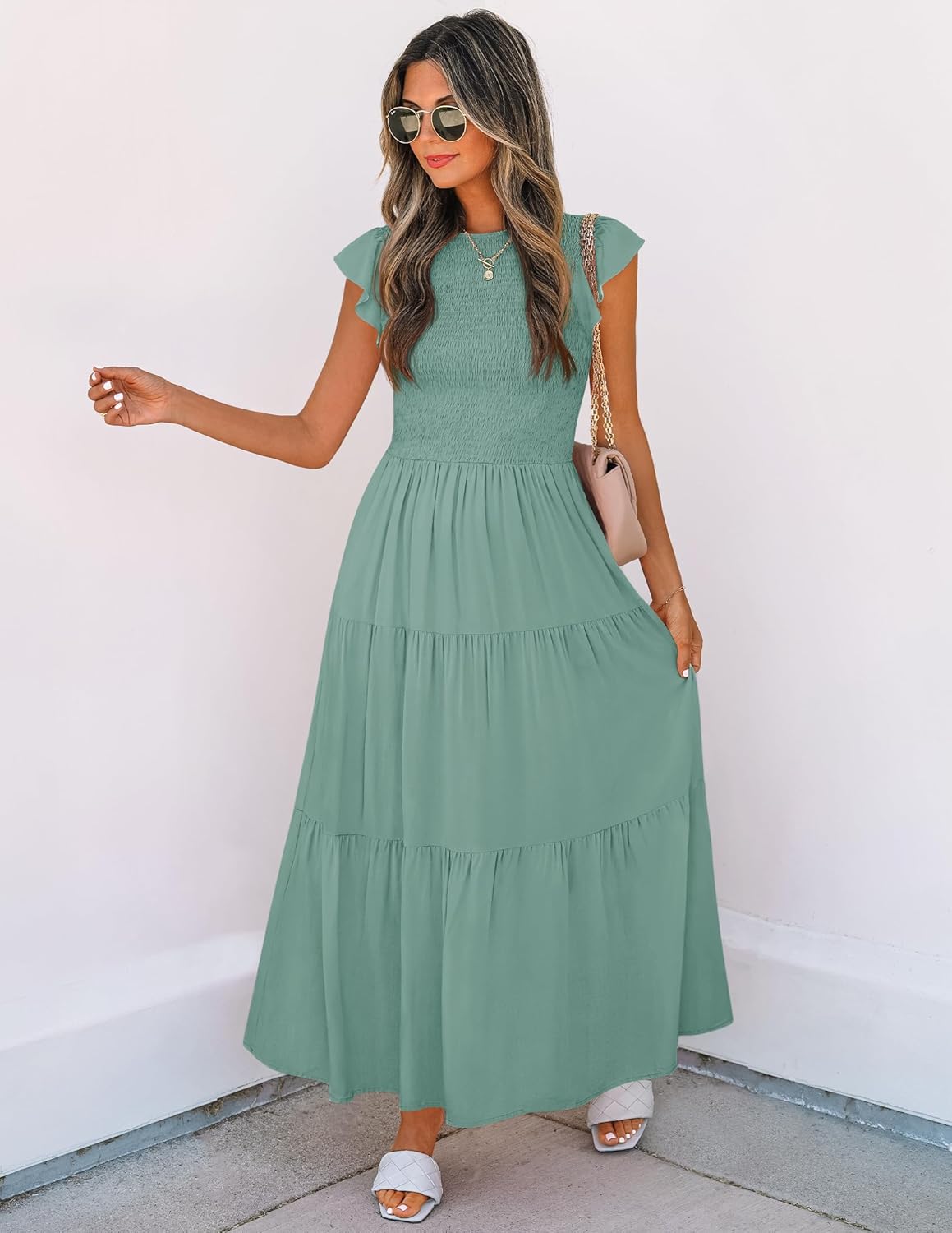 ZESICA Women's 2025 Summer Casual Flutter Short Sleeve Crew Neck Smocked Elastic Waist Tiered Midi Dress