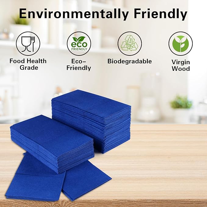 Royal Blue Napkins Hand Towels Disposable, Linen-Feel Dinner Napkins with Prefolded Built-in Flatware Pocket, Guest Paper Hand Towels For Wedding, Dinner Or Party (16x16in, 50Pack）