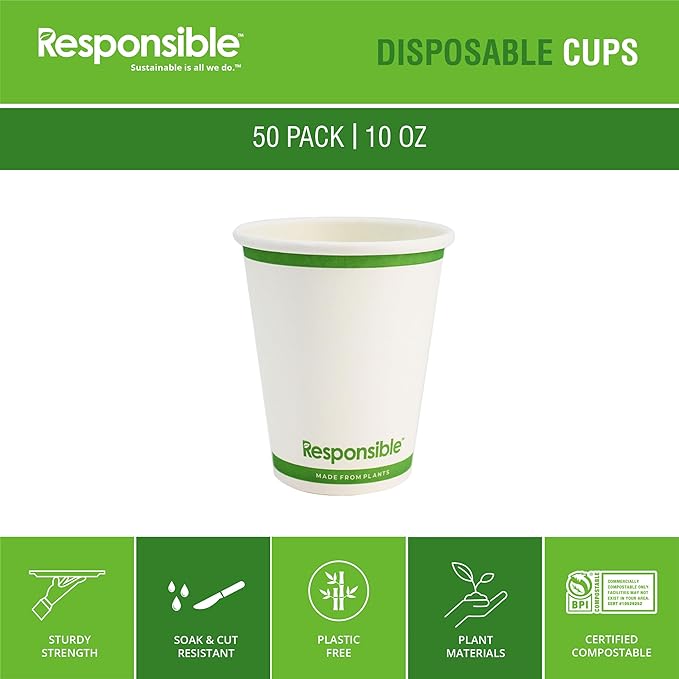 Responsible Products Certified Compostable 10 oz Paper Cups, Cold ＆ Hot Coffee Cups, Disposable Paper Cups, Extra Strength Disposable Cups, Made without PFAS (50 count)