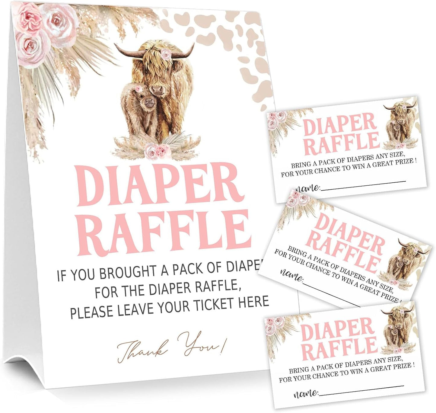Diaper Raffle Tickets for Baby Shower Game, 1 Standing Sign & 50 Guessing Cards for Baby Shower Party Decoration, Holy Cow, Boho Pink Highland Cow