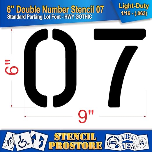 Pavement, Curb, and WheelStop Stencils - 6 inch Double Number Stencil - (07) - 6" x 9" x 1/16" (63 mil) - Light-Duty