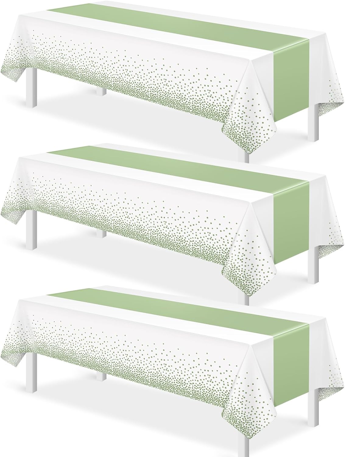 3Pcs White and Sage Green Tablecloth Decorations,Plastic White Table Cloth Printed Green Table Runner Disposable Rectangle Tables Cover for Birthday Wedding Anniversary Graduation Party,54 x108 Inch