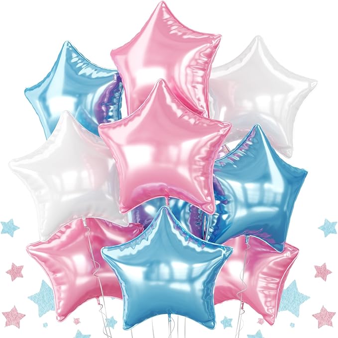 Pink Blue White Star Foil Balloons, 10PCS Foil Stars Shape Balloons, 18 Inch Metallic Light Pink Blue Stars Balloon Helium for Girls Boys Birthday, Gender Reveal, Baby Shower Party Decoration