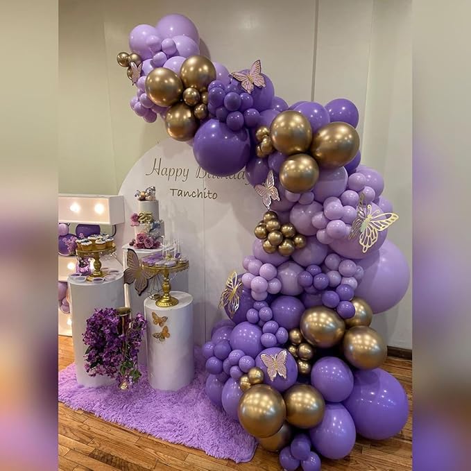 Purple Balloon Garland Arch Kit, 162pcs Dark Purple Lavender Light Pastel Purple Chrome Gold Confetti Balloons for Wedding bridal shower Mothers Day Princess Birthday Butterfly Party Decorations