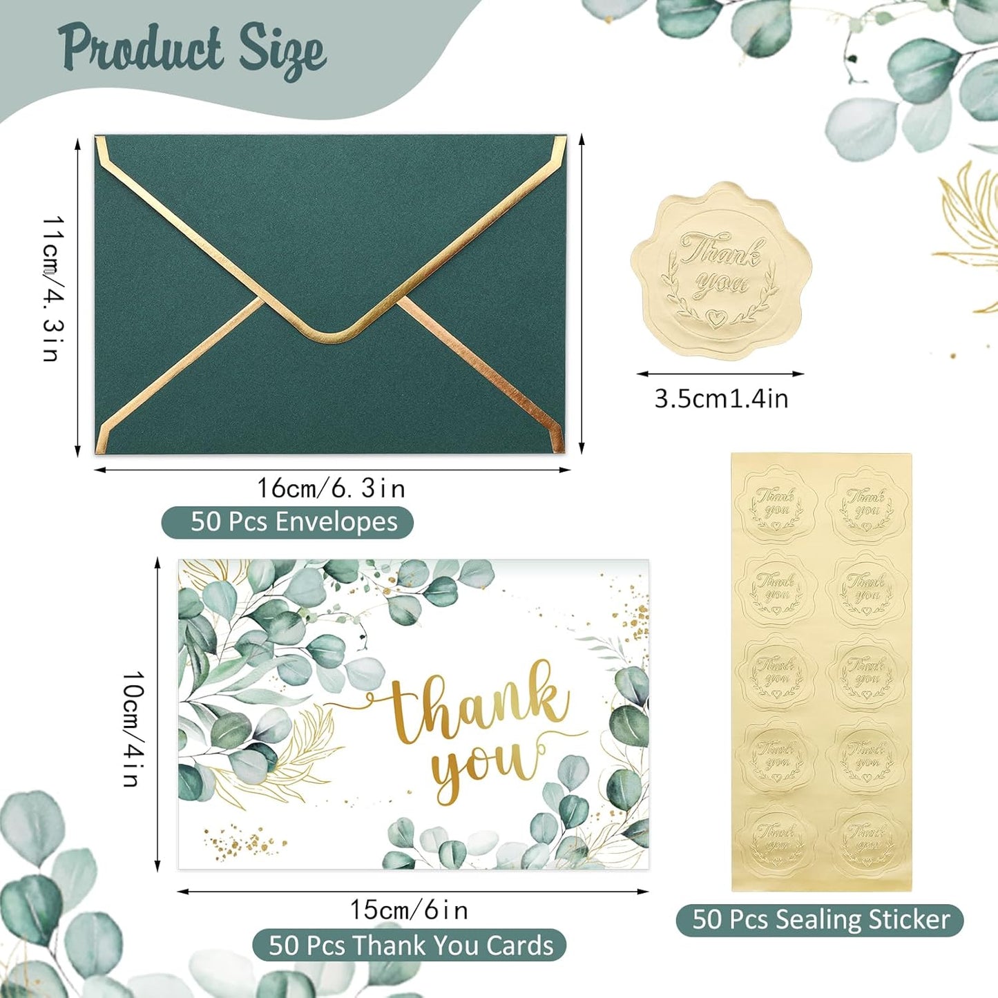 50 Pack Thank You Cards with Envelopes, 4x6 Inch Thank You Cards Bulk Blank Notes Card with Envelopes & Stickers for Wedding, Baby Shower, Bridal Shower, Birthday, Thanksgiving, Christmas