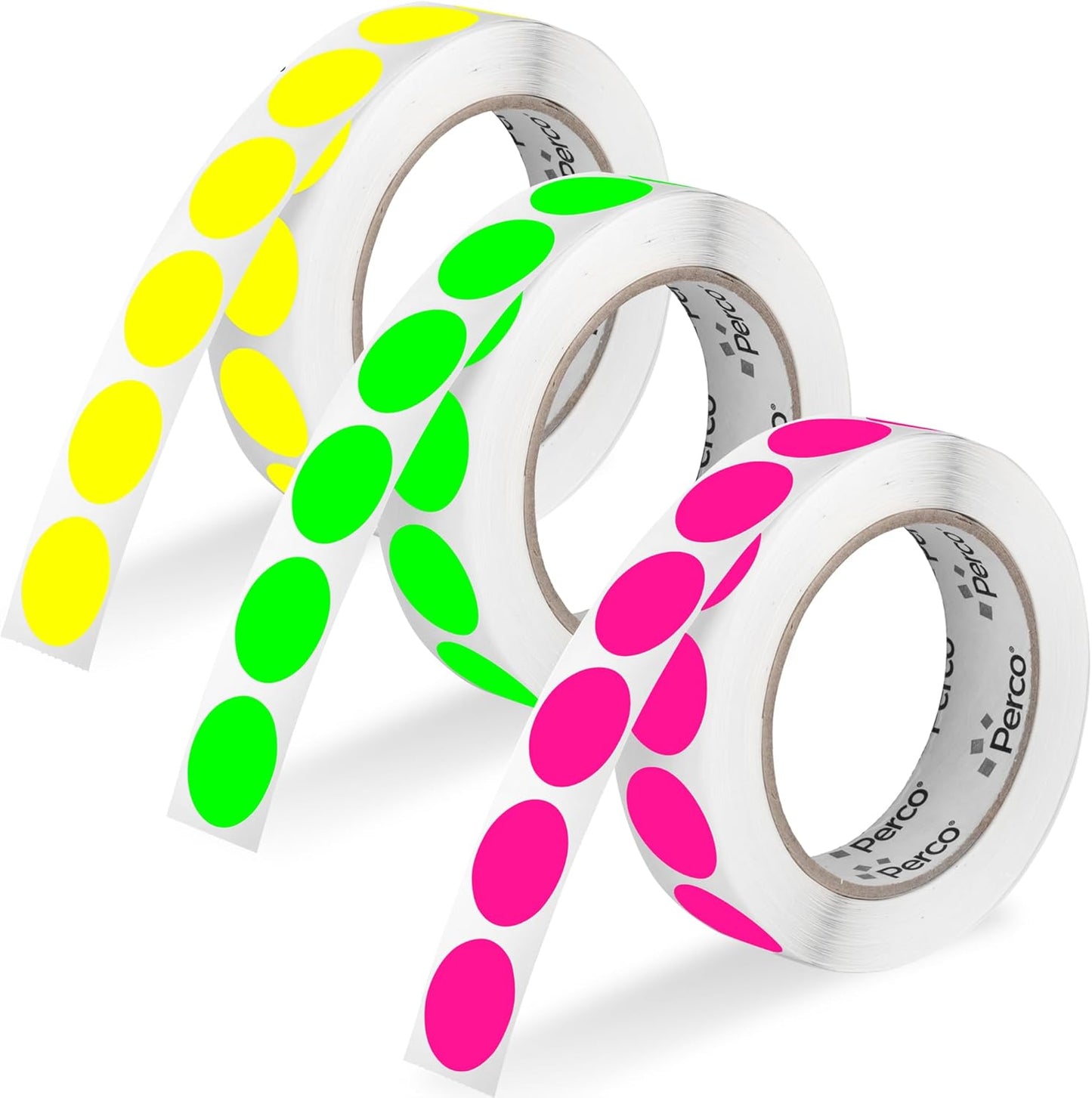 Perco 1-Inch Perforated Circle Dot Sticker Labels — 3 Rolls, 3,000 Round Fluorescent Stickers (1 Green, 1 Yellow, 1 Pink)—with Permanent Adhesive for Color Coding, Garage Sales, Crafts—Made in USA