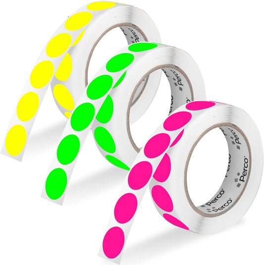 Perco 1-Inch Perforated Circle Dot Sticker Labels — 3 Rolls, 3,000 Round Fluorescent Stickers (1 Green, 1 Yellow, 1 Pink)—with Permanent Adhesive for Color Coding, Garage Sales, Crafts—Made in USA
