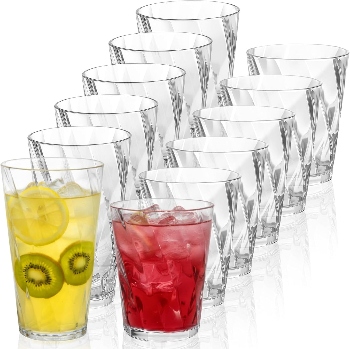 LemonRoad 12 Pack Plastic Drinking Glasses Set Reusable Clear 13.5 oz Rocks & 20 oz Water Cups Set Stackable Clear Plastic Tumblers Kitchen Drinkware for Whiskey Beer Juice Milk Water Drink Cocktail