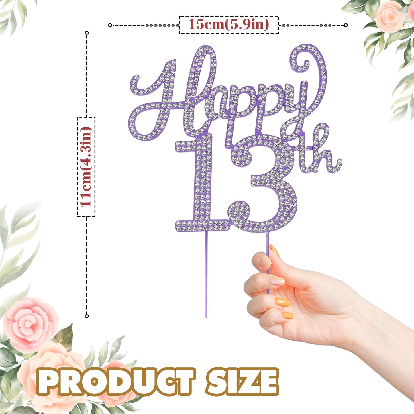 LASKYER Happy 13th Birthday Purple Rhinestone Cake Topper - 13th Birthday/Anniversary,Cheers to Thirteen Years Old Bday Party Metal Sparkly Centerpieces Decorations.