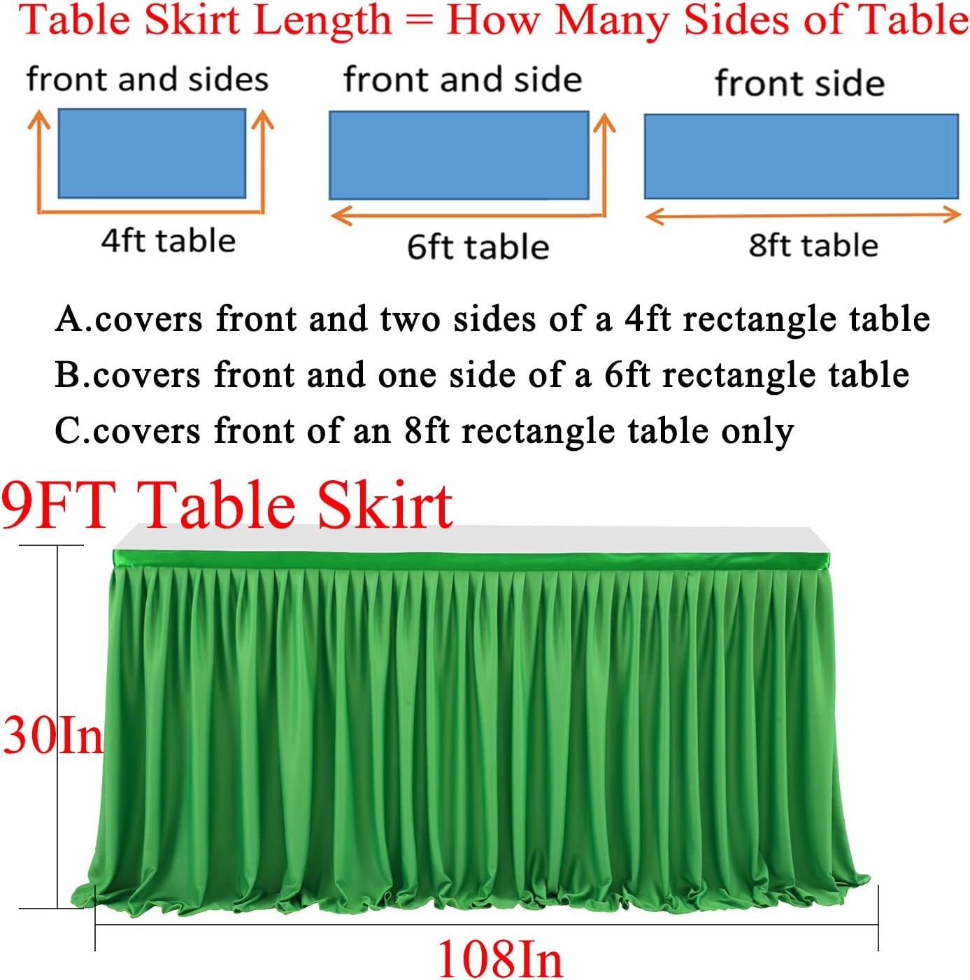 9ft Green Table Skirt for Rectangle Tables Polyester Table Skirt Desk SKirts Ruffle Table Skirt for Party Birthday Banquet Green Theme Party Wedding Bridal Shower Table Skirt Decorations