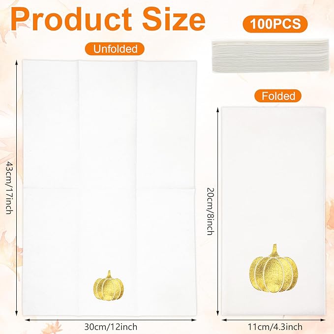 Janlaugh 100 Pcs Gold Thanksgiving Linen Disposable Bathroom Hand Towels Pumpkin Maple Leaves Foil Stamped Guest Napkins 12"x17" Paper Towels for Bathroom Home Lunch Dinner Kitchen(Pumpkin)