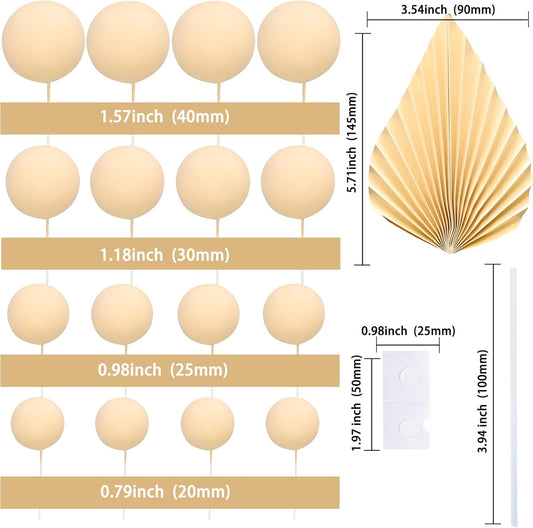 Ephlyn 28Pcs Paper Palm Fan Cake Topper Balls Cake Pick for Baby Shower Wedding Bridal Shower Birthday Party DIY Party Cake Decorations Supplies Beige