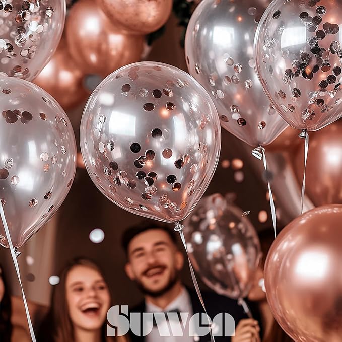 SUWEN Metallic Rose Gold Balloons and Confetti Balloons Set 47PCS Latex Helium Chrome Rose Gold Balloon for Birthday Wedding Anniversary Party Decorations