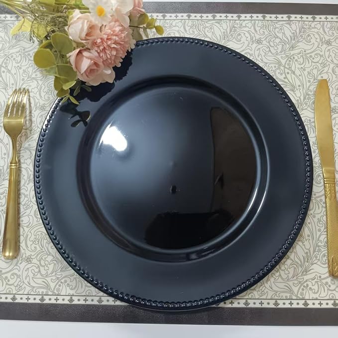 6/50/100 Pcs Elegant Plastic Beaded Charger Plates - Round Gold Silver Black Wedding Party Dinner Decorative Plate Set, Durable for Halloween Christmas Birthday Decor