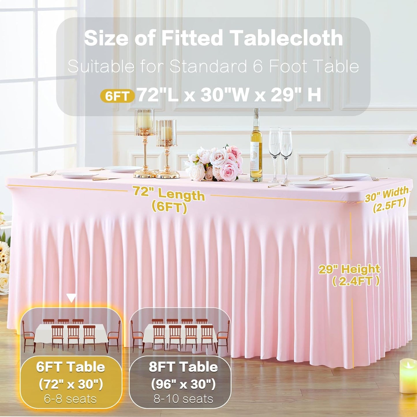 8 Pack Spandex Pink Fitted Table Cloth for 6ft Rectangle Tables Pink Stretch Tablecloth Table Covers Skirt Banquet Wrinkle Free Tablecloths for Parties Wedding