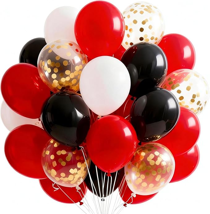 PartyWoo Red and Black Balloons 65pcs 12 Inch Matte Black Red White Confetti Balloons for Graduation Men Birthday Wedding Anniversary Bachelorette Racing Car Casino Retirement Party Decorations