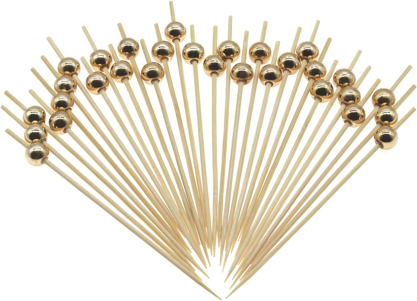 Minisland Gold Pearl Cocktail Picks, 4.7 Inch Long Bamboo Fancy Toothpicks for Appetizers, Decorative Christmas New Year Holiday Party Food Drink Garnish Fruit Kabob Skewer Sticks 100 Counts - MSL150