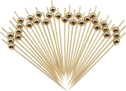 Minisland Gold Pearl Cocktail Picks, 4.7 Inch Long Bamboo Fancy Toothpicks for Appetizers, Decorative Christmas New Year Holiday Party Food Drink Garnish Fruit Kabob Skewer Sticks 100 Counts - MSL150
