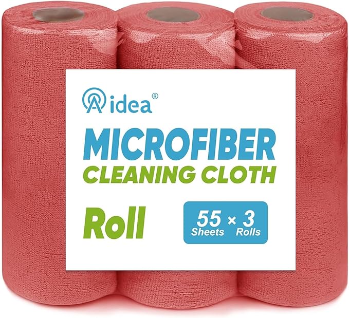 AIDEA Microfiber Cleaning Cloth, 165 Sheets(3 Roll), Micro Fiber Cloth for Cleaning Car, Reusable Paper Towels, Red Shop Rags for Automotive, Mechanic, Workshops, House,11×9"