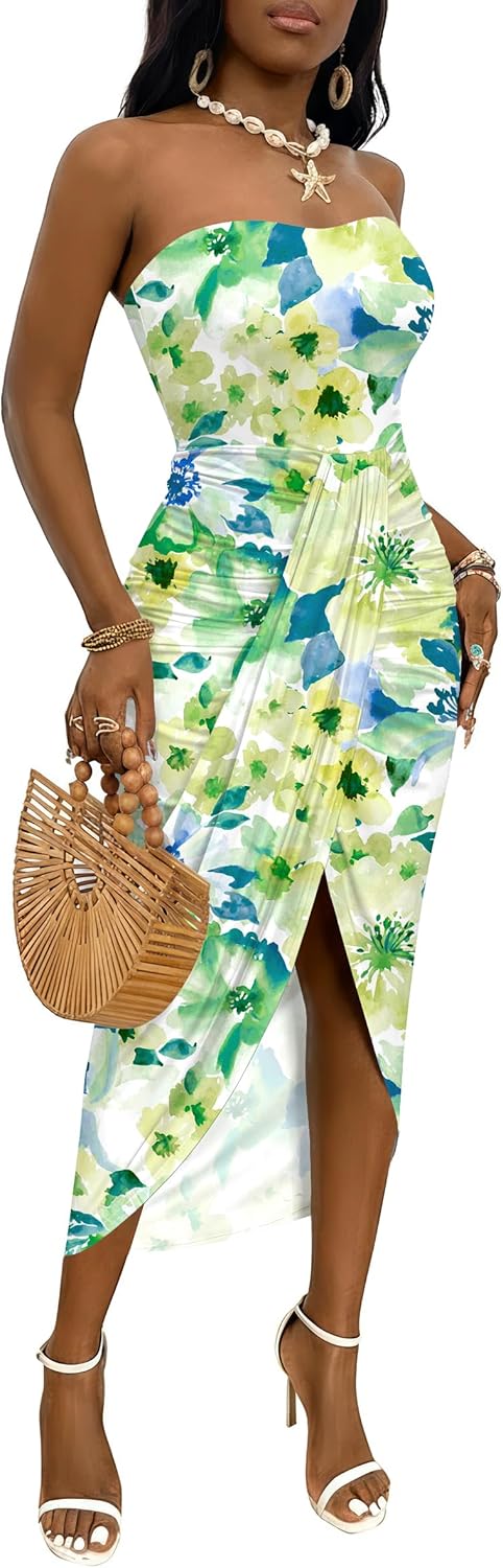Umenlele Women's Strapless Ruched High Waist Wrap Split Asymmetrical Beach Maxi Long Dress