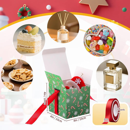 Dispowreath 48 Pcs 4x4x4 Christmas Gift Boxes with Ribbon Xmas Small Box with Lids Treat Boxes for Gift Wrapping Ornaments Wedding Holiday Birthday Party Favor(Candy Cane)