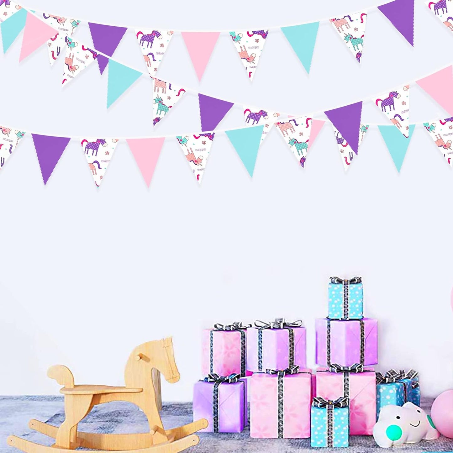 32Ft Pink Purple Blue Pennant Banner Fabric Triangle Flag Bunting Garland for Rainbow Theme Summer Decor Magical Birthday Wedding Party Home Outdoor Garden Hanging Decorations