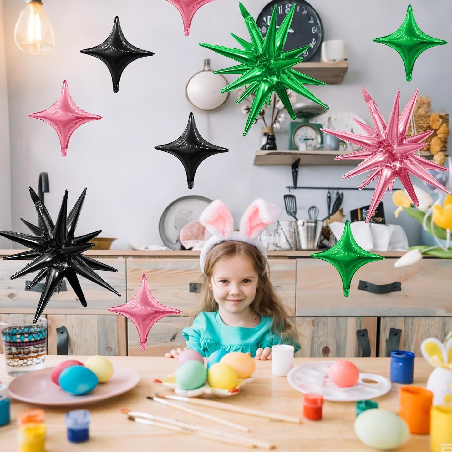 Black Green Pink Star Balloon,Pink Green 6Pcs 22Inch Explosion Star Balloons and 10Pcs 10Inch Four Angle Balloons Kit for Birthday Halloween Anniversary Baby Shower Wedding Party Decorations