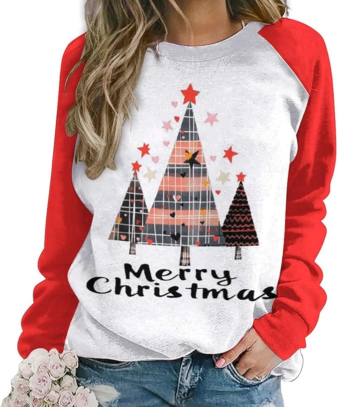 LOAIHA Christmas Sweatshirts for Women Christmas Tree Graphic Shirt Xmas Long Sleeve Merry Christmas Pullover Blouse