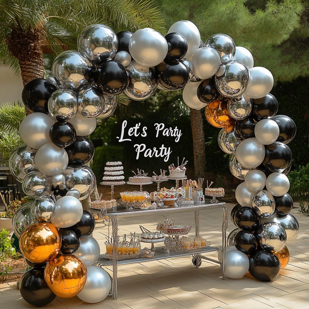 Bezente Black Silver Confetti Latex Balloons,60pcs 12 inch Black White Silver Metallic Chrome and Silver Confetti Balloons for Birthday, Baby Shower, Wedding, and Silver Theme Party Decoration