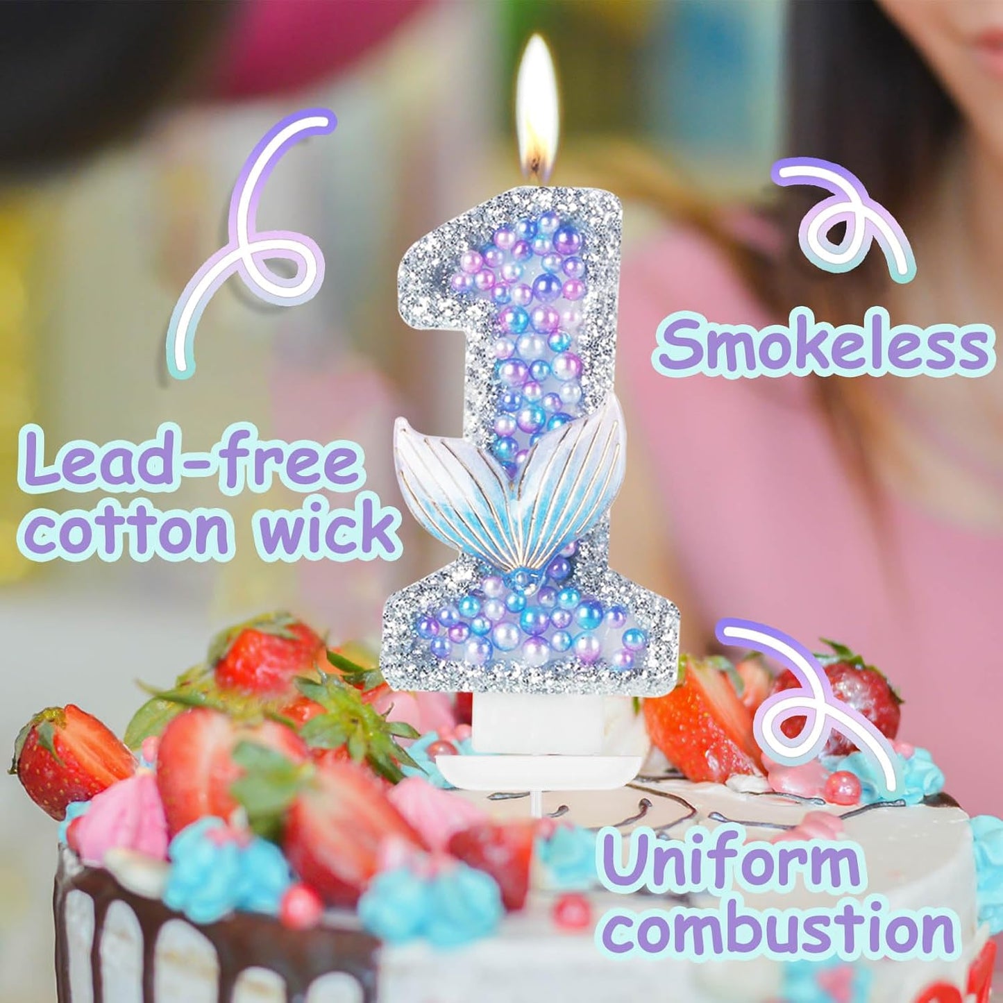 Girls Sparkler 1 Birthday Number Candles, Purple Pearls Mermaid Tail Number Birthday Candles for Girls First Birthday Cakes Mermaid Themed Birthday Decorations Party Favors Number 1 Candle Cake Topper