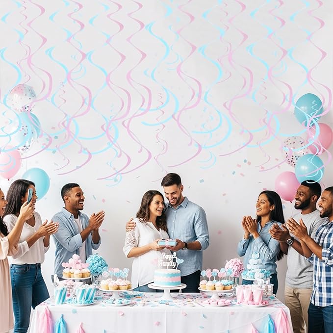 BEISHIDA Matte Pink and Blue Hanging Swirls Party Decorations Plastic Streamer for Baby Shower Hanging Ornament Decorations, Birthday Easter Bridal Party Supplies, Pack of 24