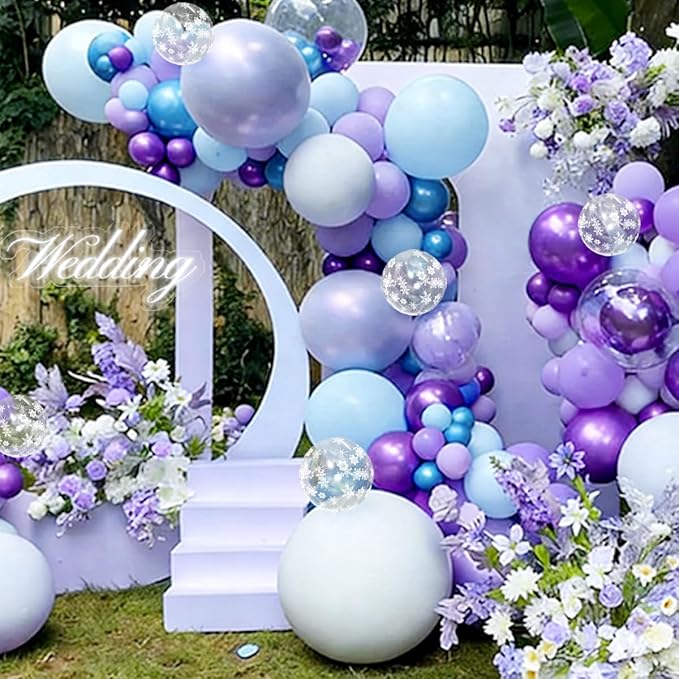 167Pcs Purple Blue Balloons Garland Arch Kit with Snow Confetti Different Sizes 18 12 10 5 inch for Princess Winter Wonderland Girl Baby Shower Birthday Wedding Party Decorations